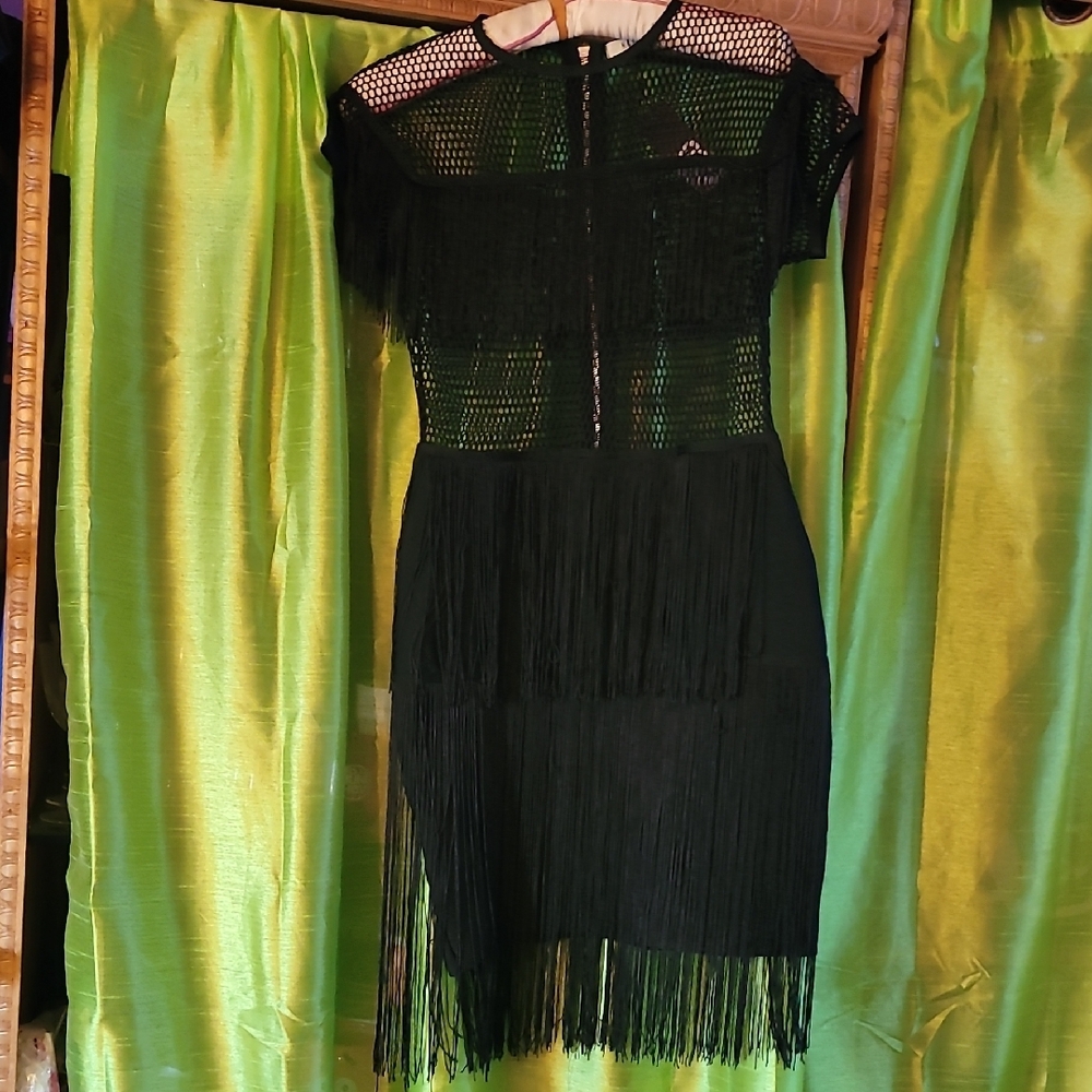 Elegant Black Fringe and Mesh Dress Sz Med